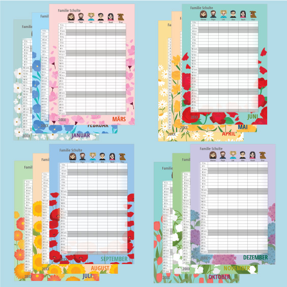 Familienplaner-Kalender mit Twinies (12 Monate)