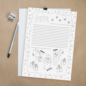 Carta de los Reyes Magos con regalos para escribir y colorear
