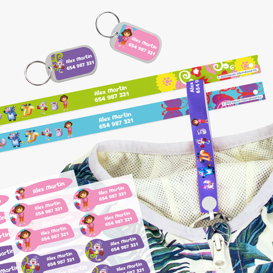 Betes personalitzades, etiquetes per a ropa i xapes per a maletes de Dora la Exploradora
