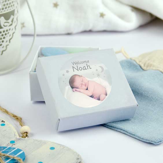 Round photo stickers for baptism favours