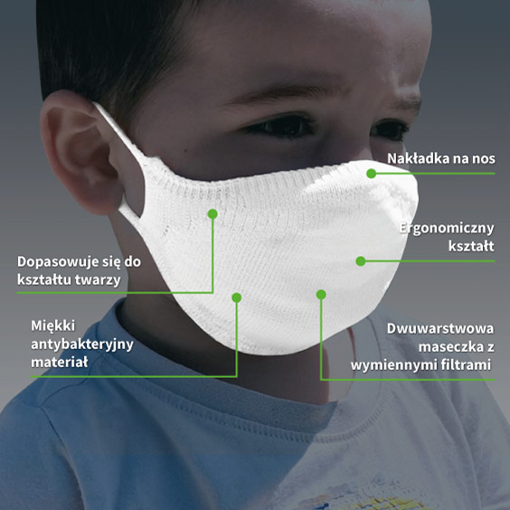 Personalizowana biała antywirusowa maseczka rozmiar 3-5 lat + zestaw 10 filtrów
