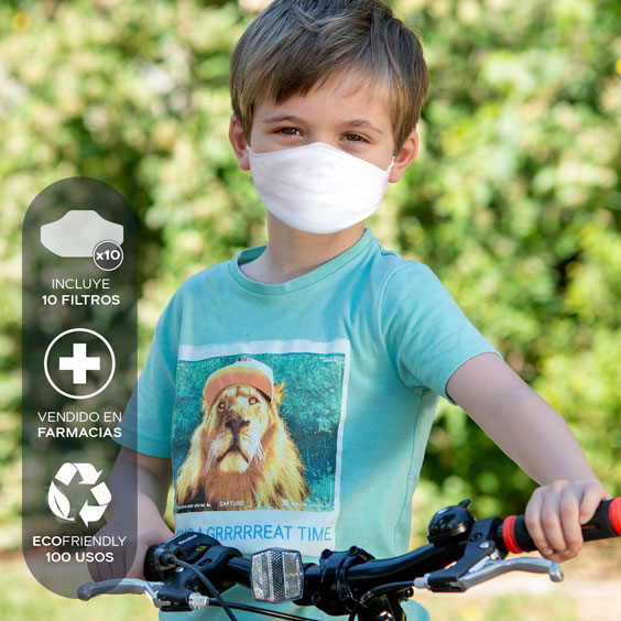 Mascarilla antivirus para niños de 6 a 12 años + Pack de 10 filtros. Lavable y reutilizable