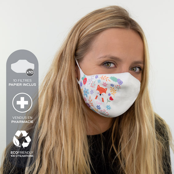 Masque de protection blanc personnalisable adultes + recharge de 10 filtres papier