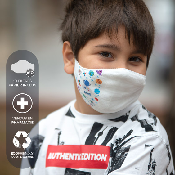 Masque de protection blanc personnalisable enfants de 6 à 12 ans + recharge de 10 filtres papier