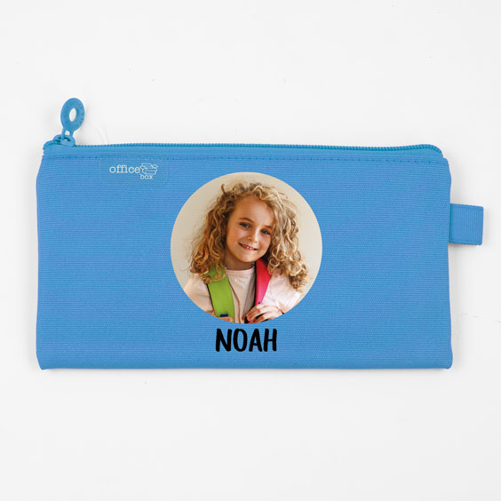 Trousse scolaire plate personnalisée avec photo couleur bleue