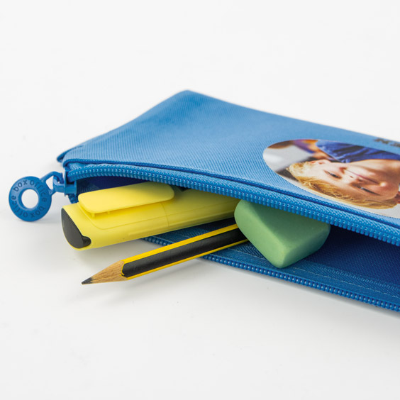 Trousse scolaire plate personnalisée avec photo couleur bleue