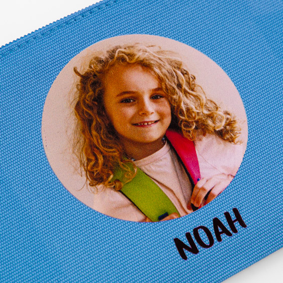 Estuche escolar plano personalizado con foto color azul