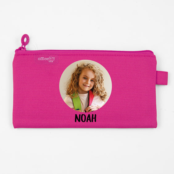 Estuche escolar plano personalizado con foto color fucsia