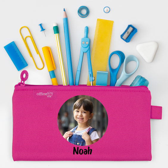 Estuche escolar plano personalizado con foto color fucsia