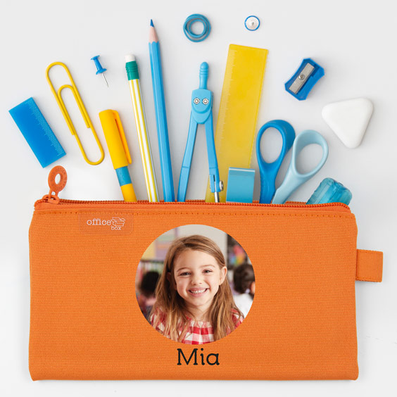 Estuche escolar plano personalizado con foto color naranja