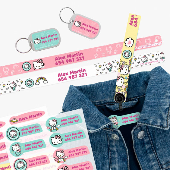 Betes personalitzades, etiquetes per a ropa i xapes per a maletes de Hello Kitty