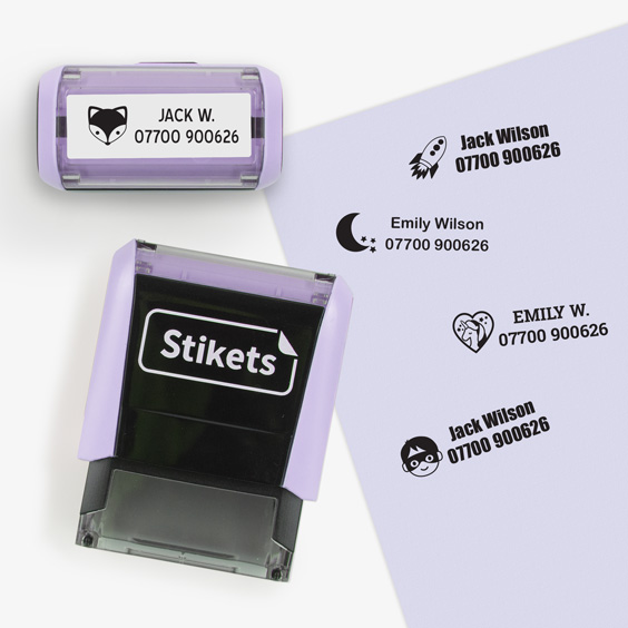 Ștampila personalizată violet pastel pentru marcarea hainelor și obiectelor