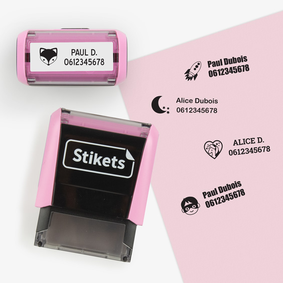 Tampon personnalisé en rose pastel pour marquer vêtements et objets