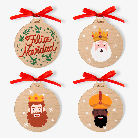 Pack de bolas de Navidad de madera con clásicos navideños 