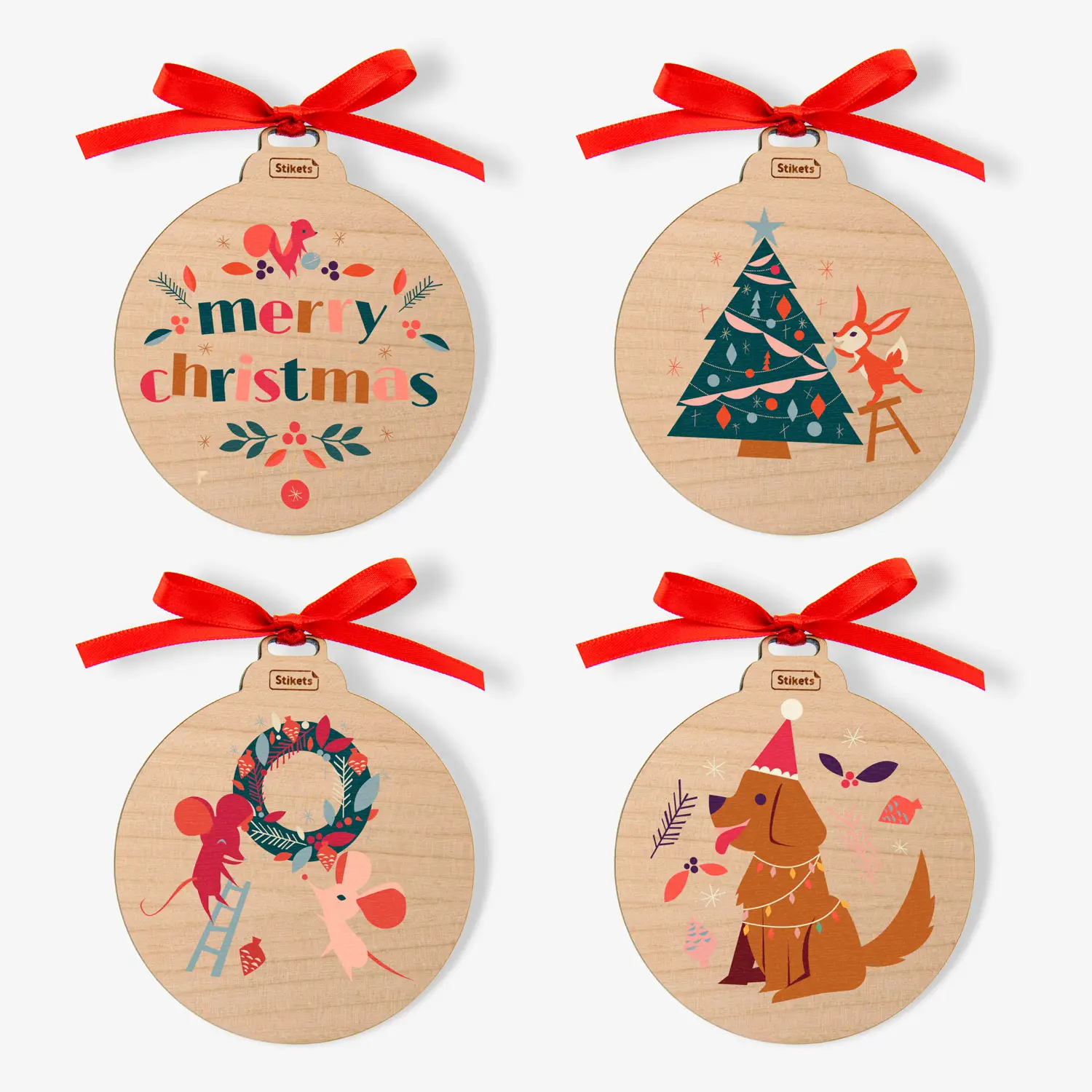 Pack of Wooden Christmas Baubles with Christmas classics