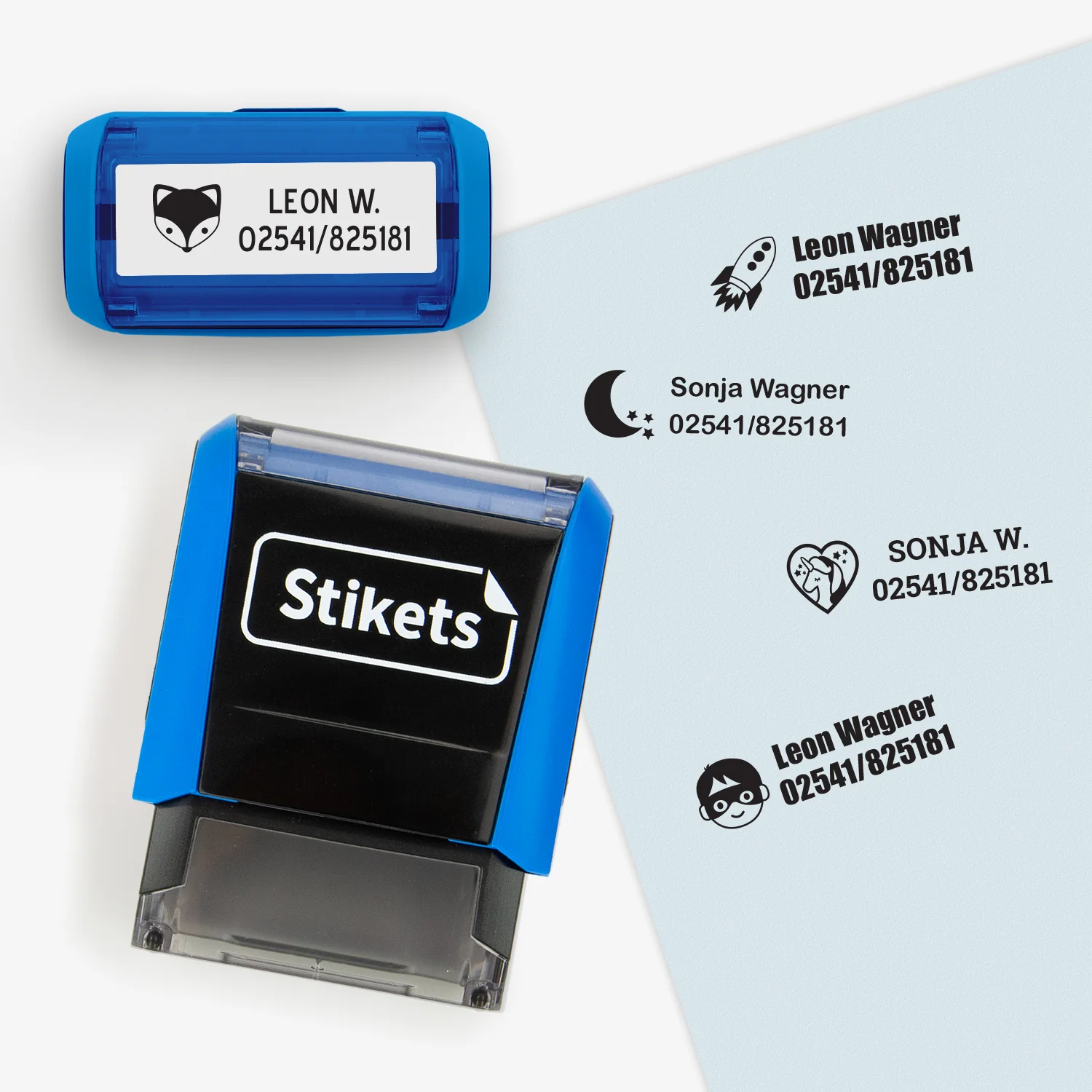 Rechteckiger personalisierter Namensstempel für Textilien und Gegenstände Rechteckiger personalisierter Namensstempel für Textilien und Gegenstände