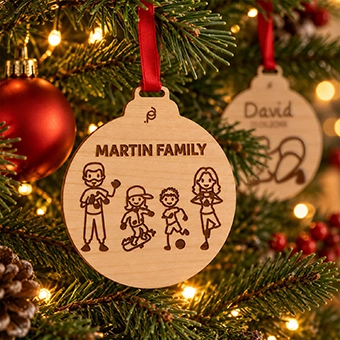 Boule de Noël en bois personnalisée avec votre photo de famille ou un motif au choix