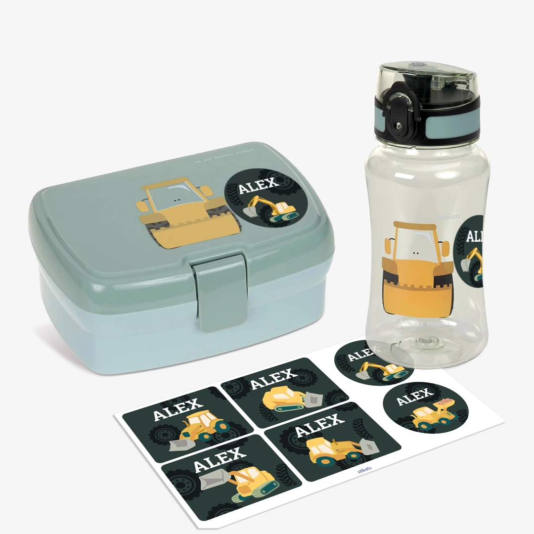 Set lunch box e borraccia per bambini Escavatore dei Pompieri di Lässig personalizzabile
