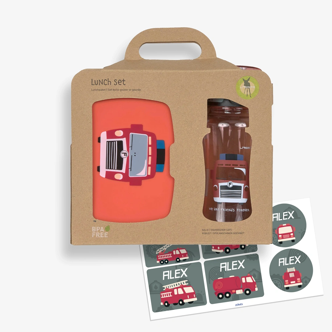 Set lunch box e borraccia per bambini Camion dei Pompieri di Lässig personalizzabile Set lunch box e borraccia per bambini Camion dei Pompieri di Lässig personalizzabile
