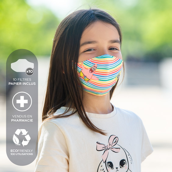 Masque de protection enfants 6/12 ans Bob l'Éponge + recharge de 10 filtres papier