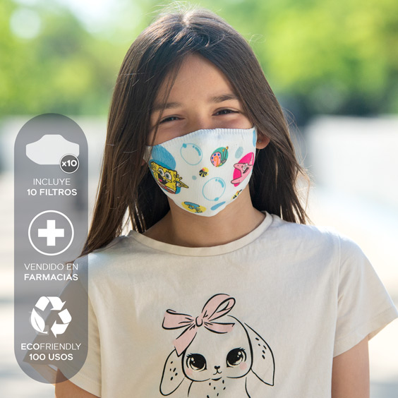 Mascarilla antivirus de Bob Esponja para niños de 6 a 12 años + Pack de 10 filtros
