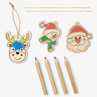 Set de 3 adornos navideños de madera para colorear con 4 lápices