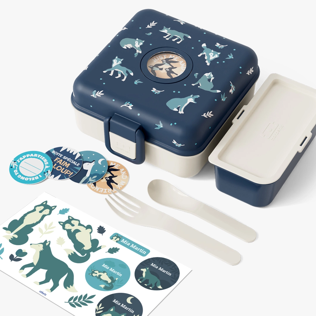 Personalised Blue Wolf Snacky Kids Lunch Box by Monbento