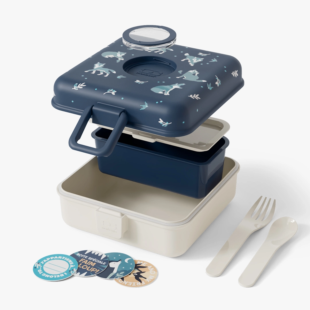 Personalised Blue Wolf Snacky Kids Lunch Box by Monbento