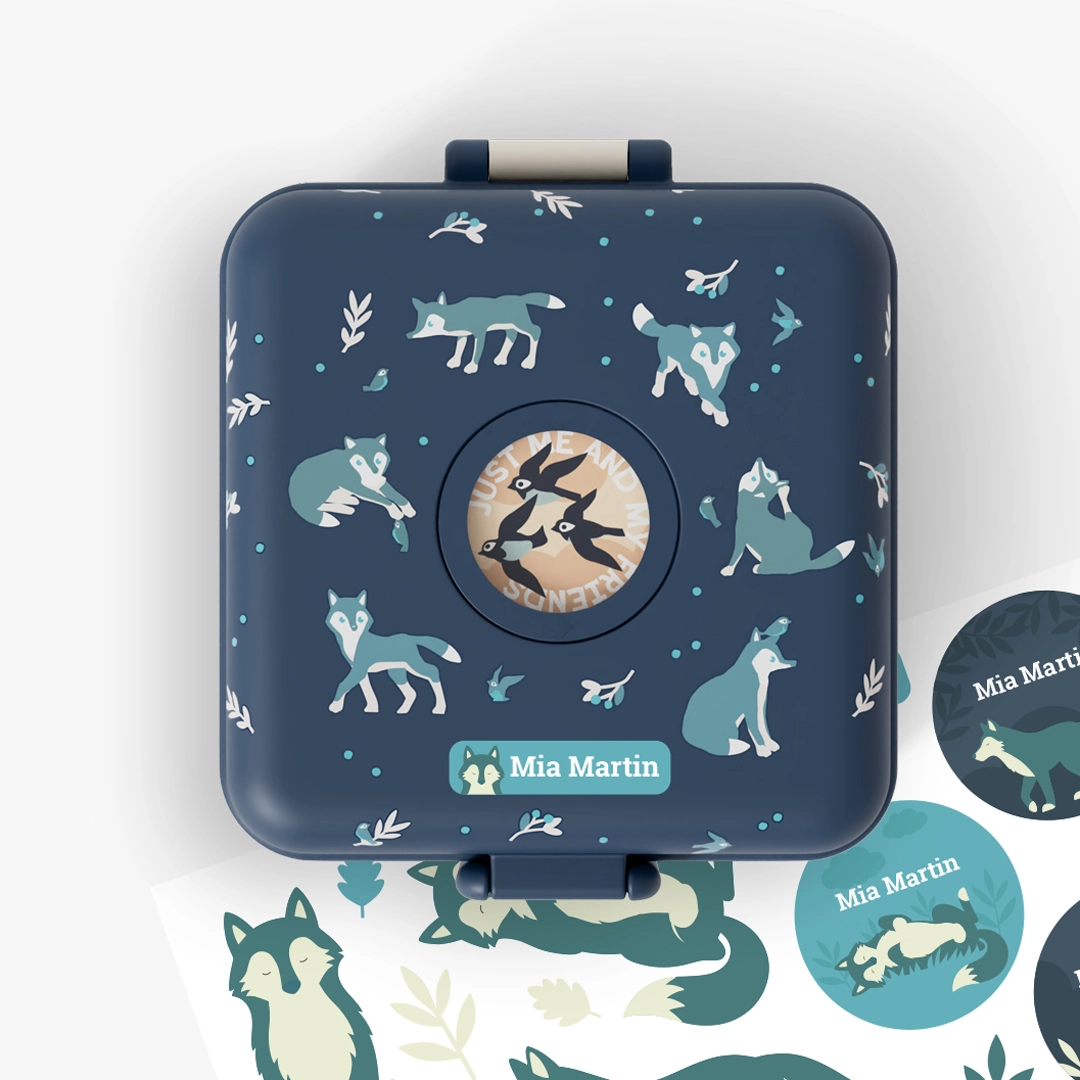 Personalised Blue Wolf Snacky Kids Lunch Box by Monbento