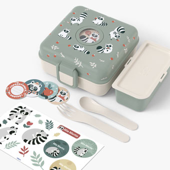 Personalised Green Raccoon Snacky Kids Lunch Box by Monbento