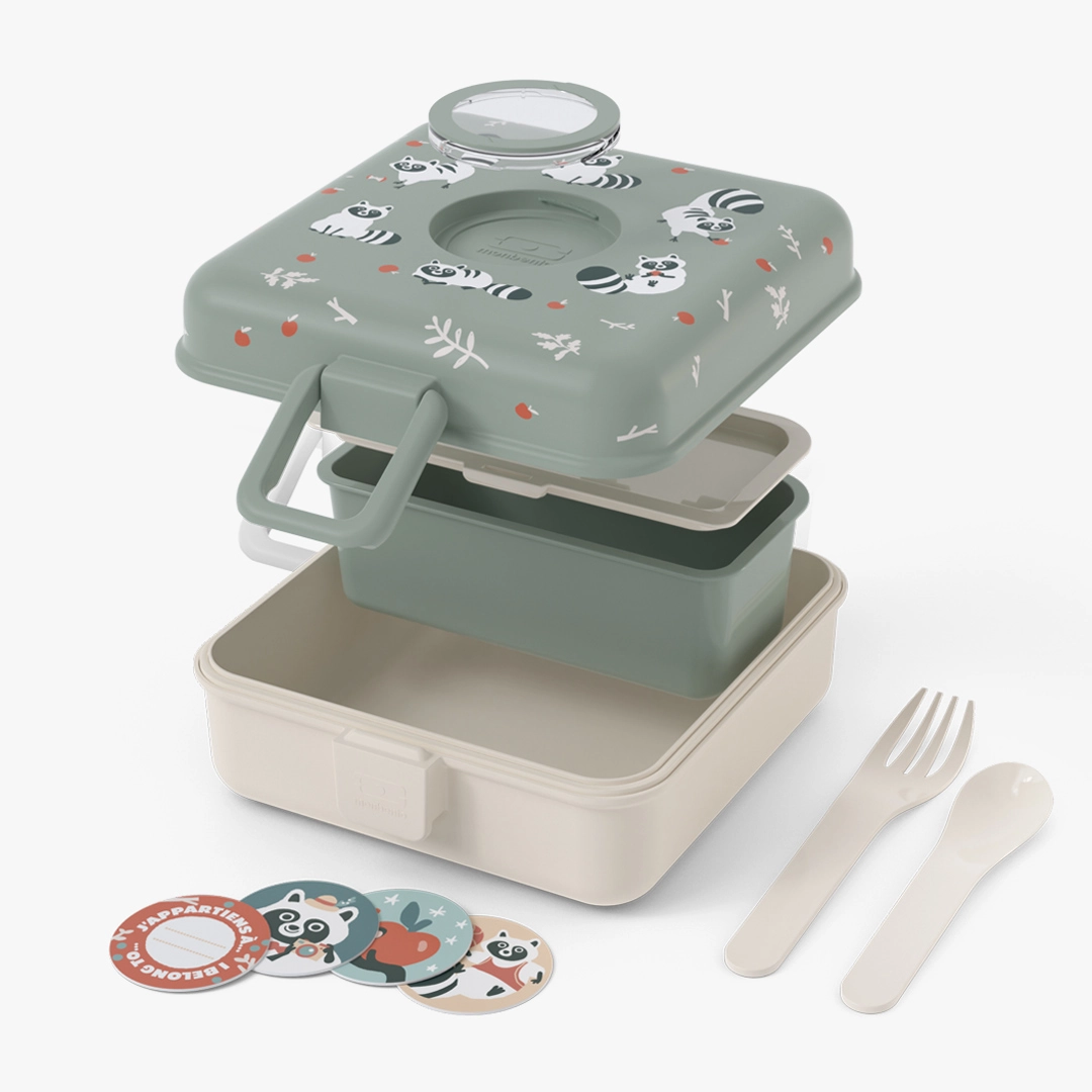 Personalised Green Raccoon Snacky Kids Lunch Box by Monbento