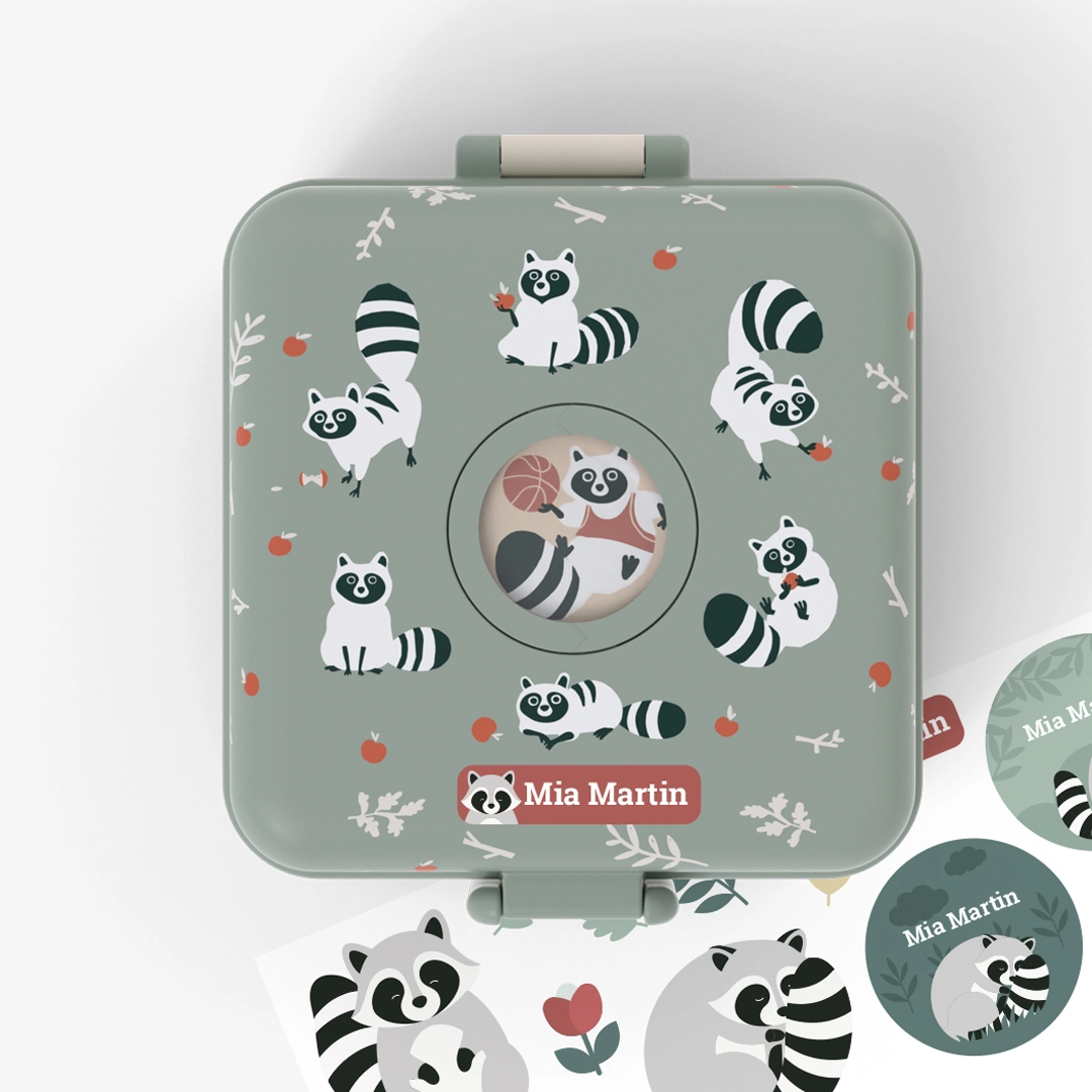 Personalised Green Raccoon Snacky Kids Lunch Box by Monbento