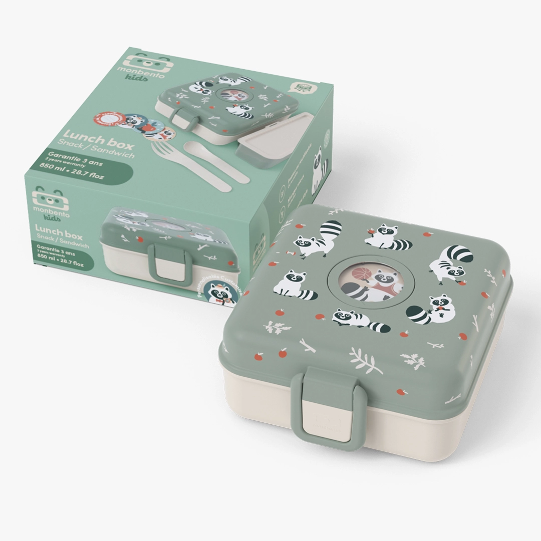 Personalised Green Raccoon Snacky Kids Lunch Box by Monbento