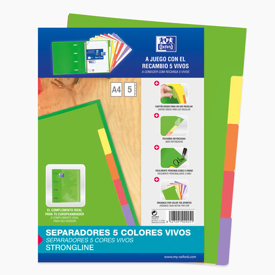 Oxford Strongline Dividers for Folders in Vivid Colors. 5 Pack