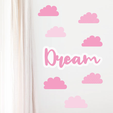 Pink starred clouds wall stickers personalised with name