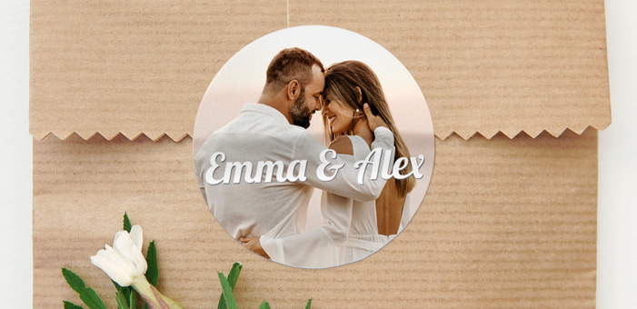 Runde Etiketten mit Foto für Hochzeiten 