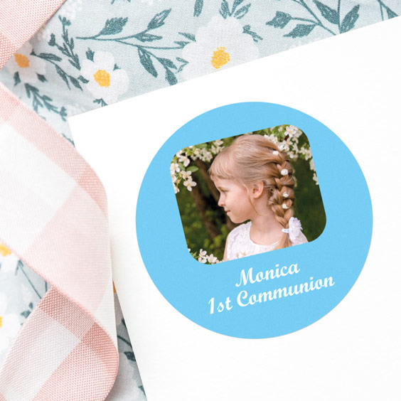 Round stickers with photo and frame for 1st Communions