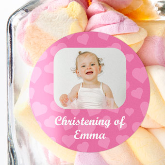 Round stickers with photo and frame for baptism favours