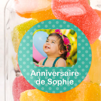 Etiquette anniversaire ronde avec photo et cadre