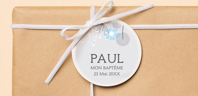 Etiquette baptême ronde à thème