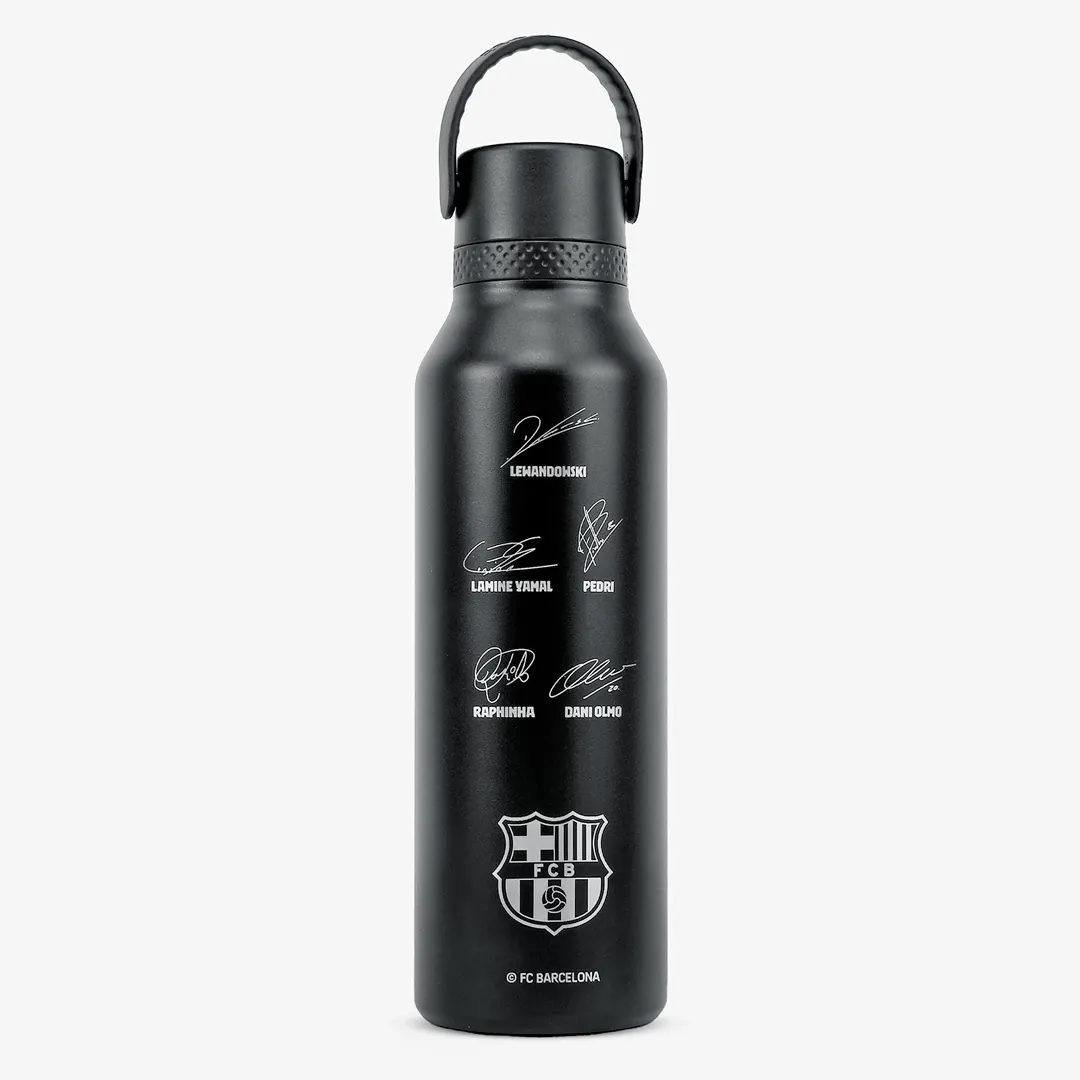 Personalisierte Runbott Mii 600 ml Thermoflasche FC Barcelona mit Unterschriften – Schwarz