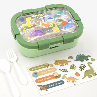 Personalisable children’s lunch box with stainless steel compartments Tandem Dinos Green