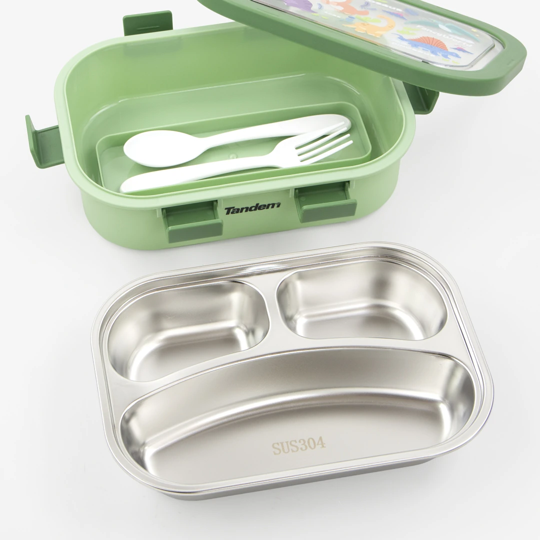 Personalisable children’s lunch box with stainless steel compartments Tandem Dinos Green