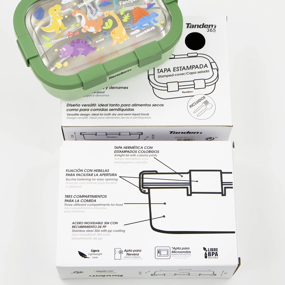 Personalisable children’s lunch box with stainless steel compartments Tandem Dinos Green