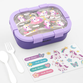 Personalisable children’s lunch box with stainless steel compartments Tandem Unicorns Purple