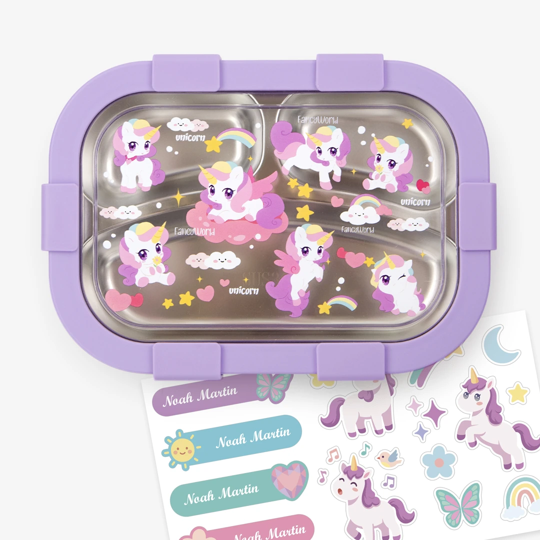 Personalisable children’s lunch box with stainless steel compartments Tandem Unicorns Purple