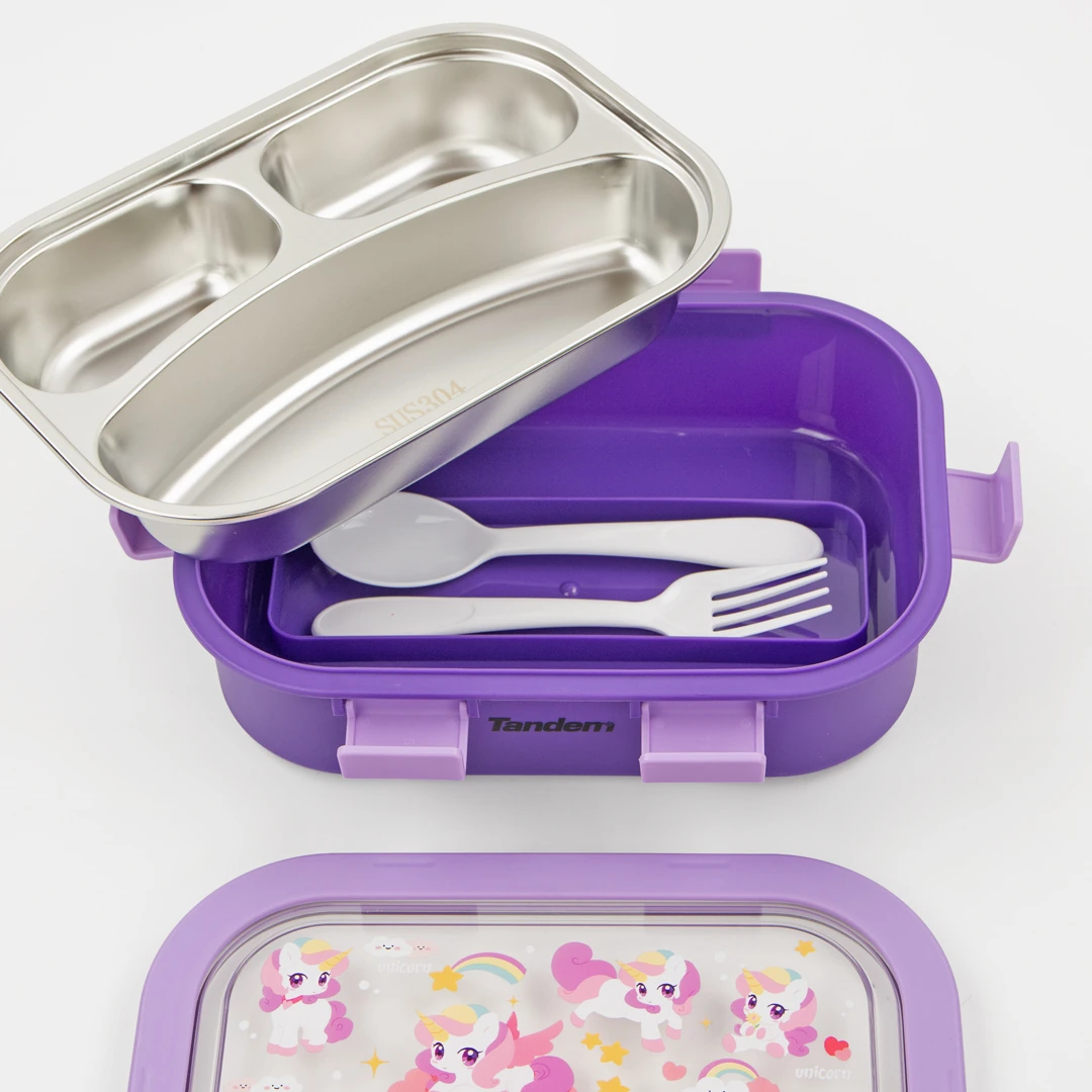 Personalisable children’s lunch box with stainless steel compartments Tandem Unicorns Purple