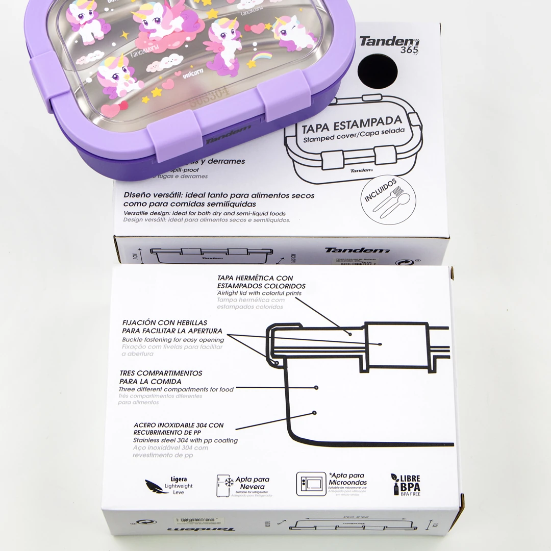 Personalisable children’s lunch box with stainless steel compartments Tandem Unicorns Purple