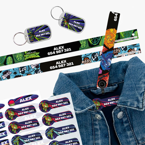 Aufhängebänder, Kleidungsetiketten und Kofferanhänger der Teenage Mutant Ninja Turtles