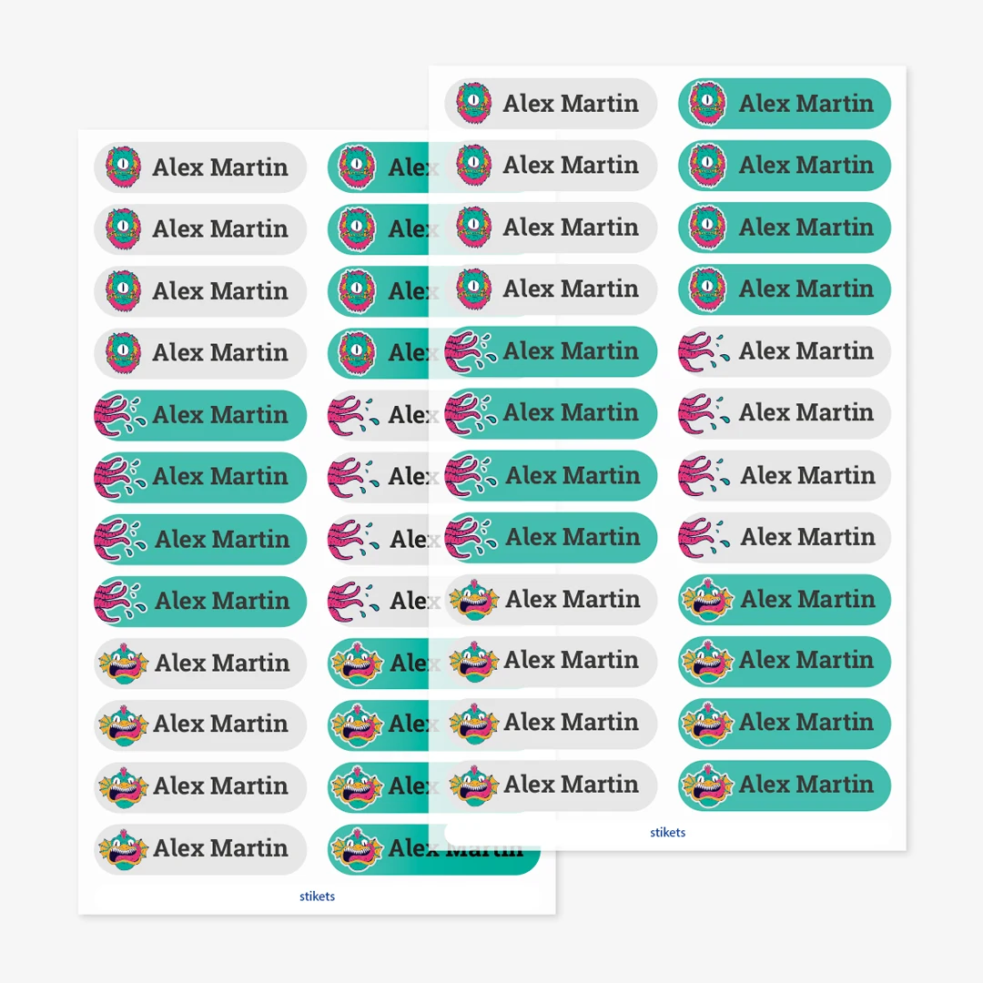 Små strykbara namnlappar med teman